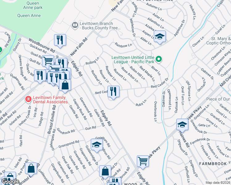 map of restaurants, bars, coffee shops, grocery stores, and more near 47 Roundabout Lane in Levittown