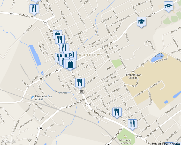 map of restaurants, bars, coffee shops, grocery stores, and more near 125 E Washington St in Elizabethtown