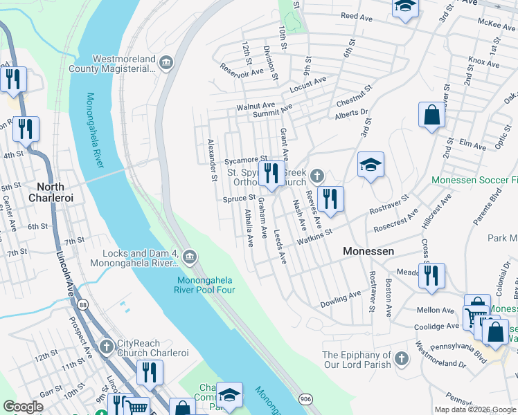 map of restaurants, bars, coffee shops, grocery stores, and more near 1127 Graham Avenue in Monessen