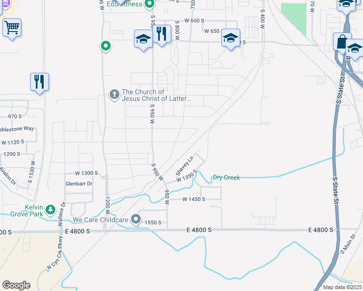 map of restaurants, bars, coffee shops, grocery stores, and more near 743 West 1150 South in Springville