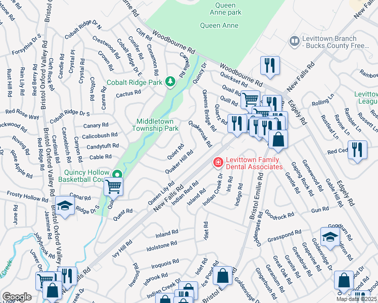 map of restaurants, bars, coffee shops, grocery stores, and more near 73 Quaker Hill Road in Levittown