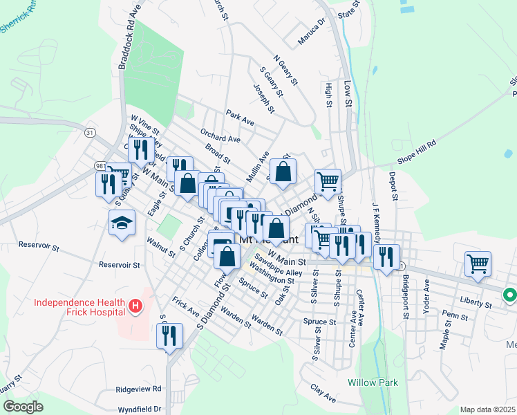 map of restaurants, bars, coffee shops, grocery stores, and more near 67 West Vine Street in Mount Pleasant