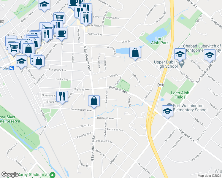 map of restaurants, bars, coffee shops, grocery stores, and more near 511 Highland Avenue in Ambler