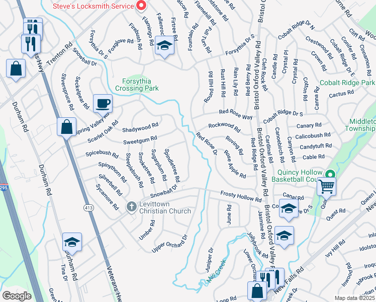 map of restaurants, bars, coffee shops, grocery stores, and more near 121 Snowball Drive in Levittown