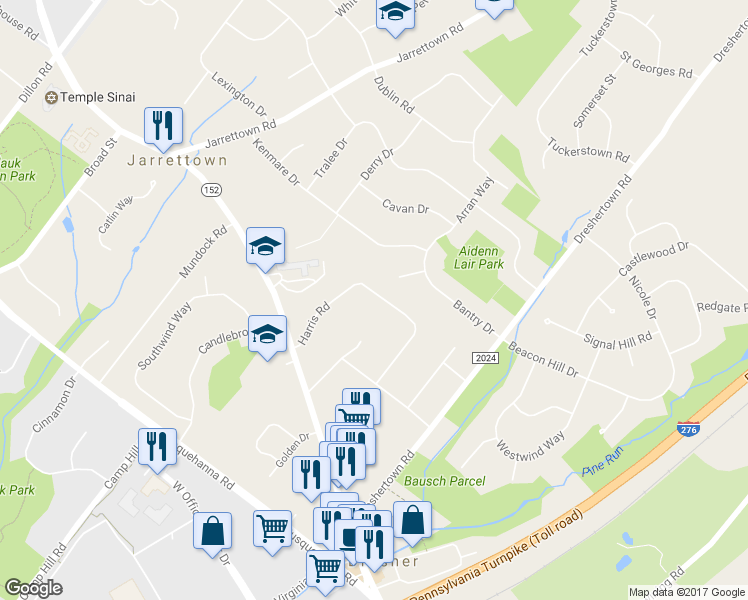 map of restaurants, bars, coffee shops, grocery stores, and more near 1346 Harris Road in Dresher