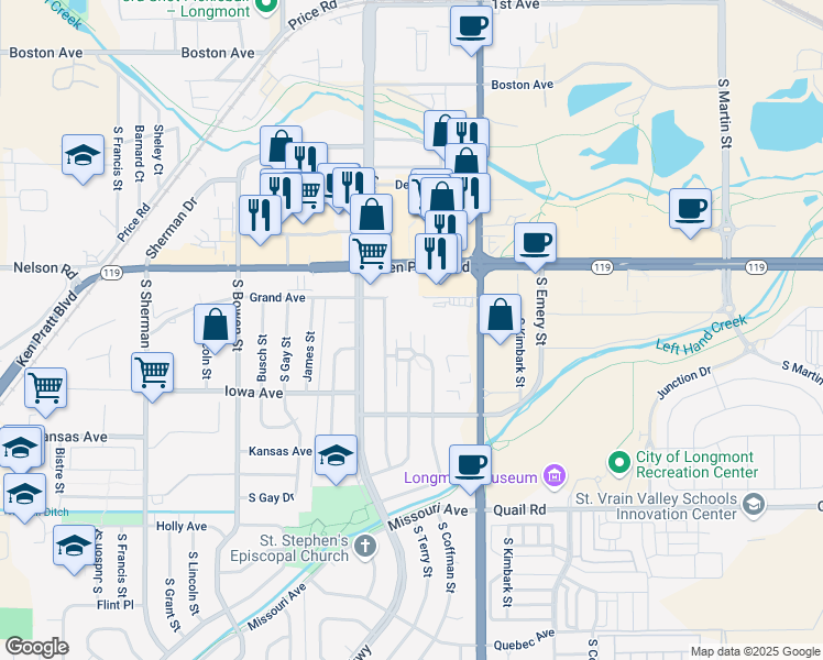 map of restaurants, bars, coffee shops, grocery stores, and more near 818 South Terry Street in Longmont