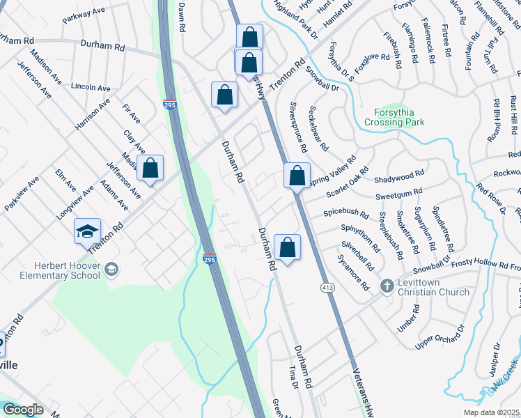 map of restaurants, bars, coffee shops, grocery stores, and more near 1265 Durham Road in Langhorne