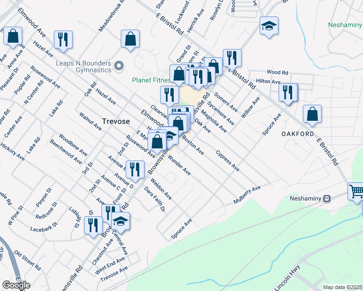 map of restaurants, bars, coffee shops, grocery stores, and more near 4900 Boston Avenue in Feasterville-Trevose