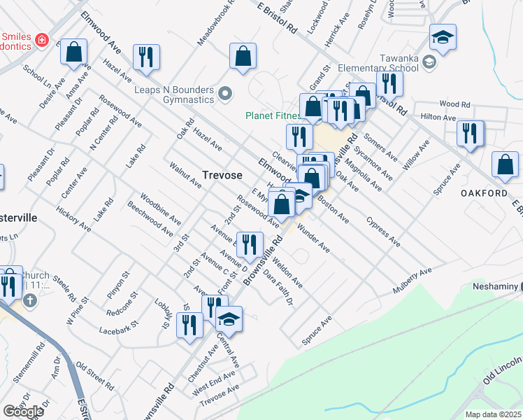 map of restaurants, bars, coffee shops, grocery stores, and more near 623 Rosewood Avenue in Feasterville-Trevose