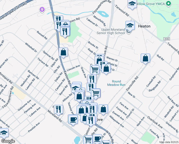 map of restaurants, bars, coffee shops, grocery stores, and more near 505 Lincoln Avenue in Willow Grove