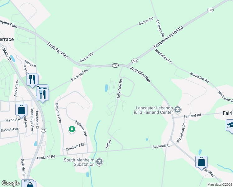 map of restaurants, bars, coffee shops, grocery stores, and more near 815 Holly Tree Road in Manheim