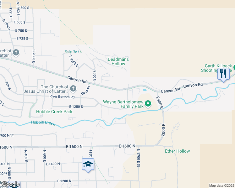 map of restaurants, bars, coffee shops, grocery stores, and more near 2678 Canyon Road in Springville