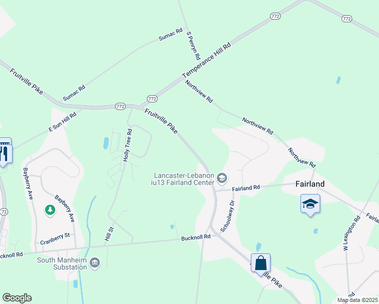 map of restaurants, bars, coffee shops, grocery stores, and more near 515 Fruitville Pike in Manheim