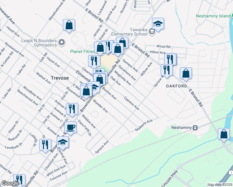 map of restaurants, bars, coffee shops, grocery stores, and more near 4826 Cypress Avenue in Feasterville-Trevose