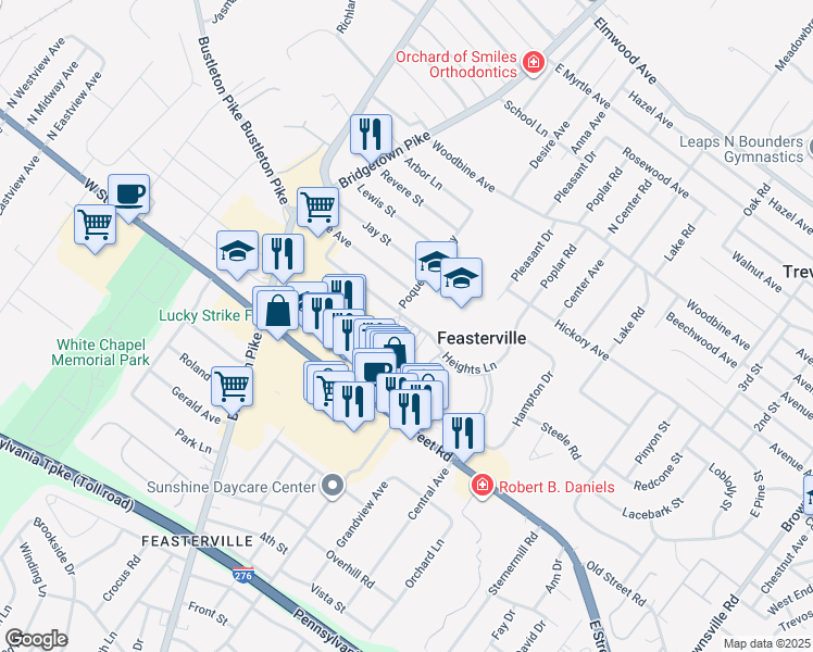 map of restaurants, bars, coffee shops, grocery stores, and more near 77 Heights Lane in Feasterville-Trevose