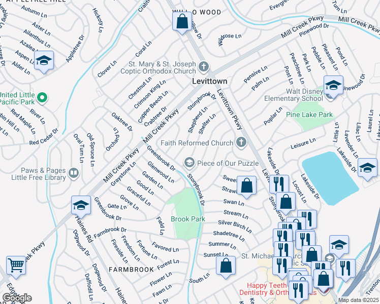 map of restaurants, bars, coffee shops, grocery stores, and more near 19 Shelter Lane in Levittown