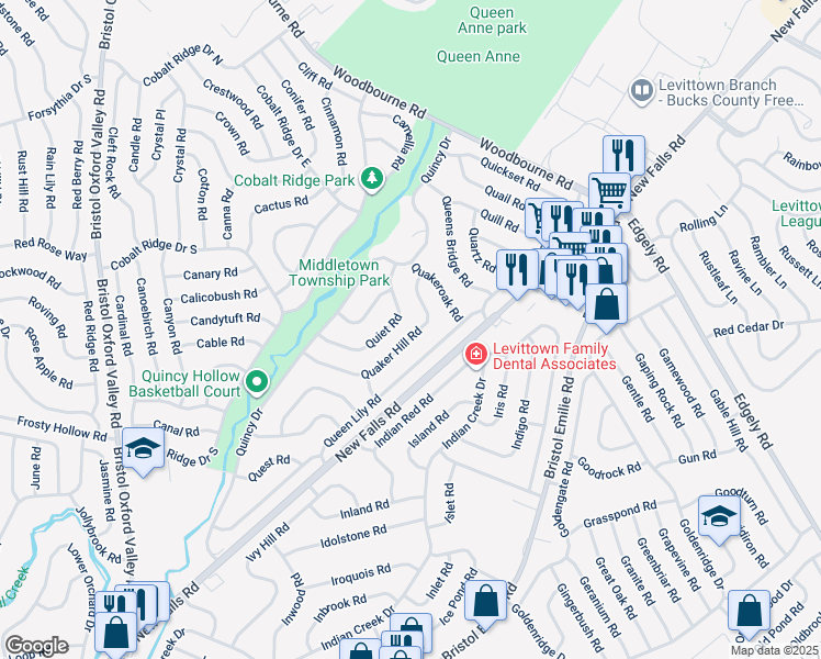 map of restaurants, bars, coffee shops, grocery stores, and more near 73 Quaker Hill Road in Levittown