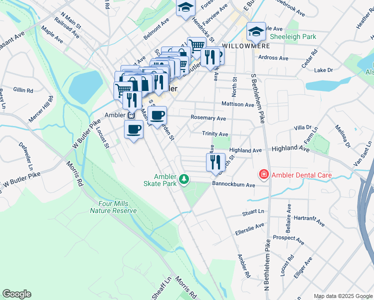map of restaurants, bars, coffee shops, grocery stores, and more near 216 Highland Avenue in Ambler
