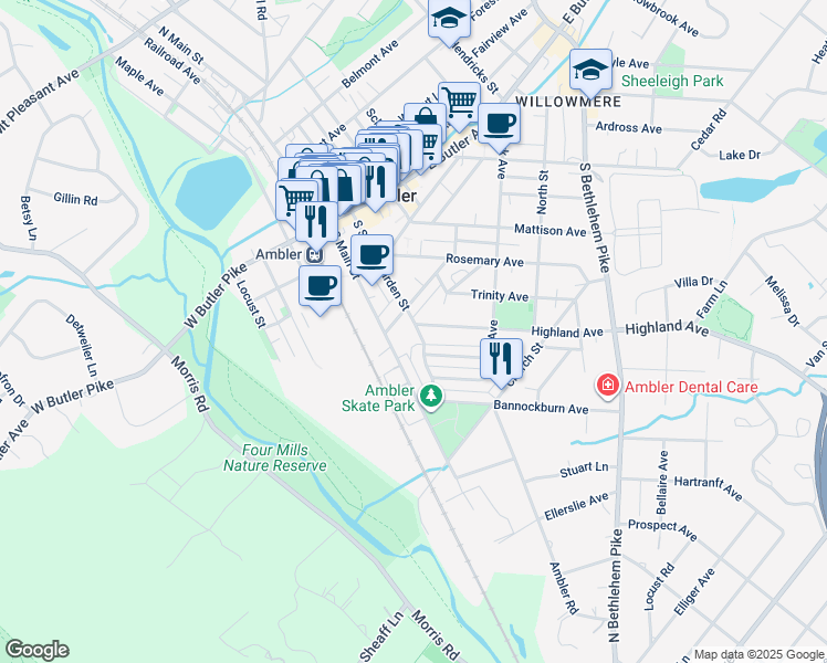 map of restaurants, bars, coffee shops, grocery stores, and more near 218 South Spring Garden Street in Ambler