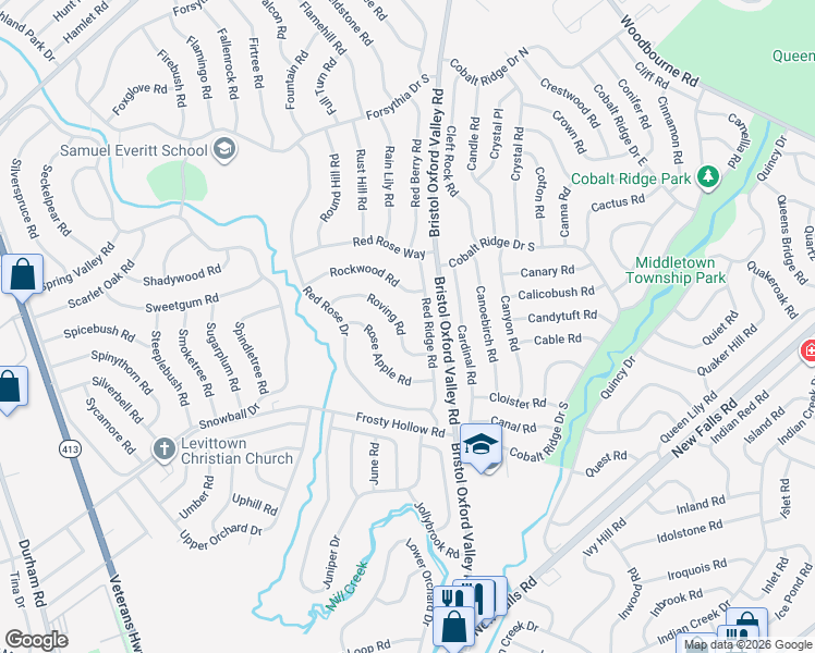 map of restaurants, bars, coffee shops, grocery stores, and more near 49 Roving Road in Levittown