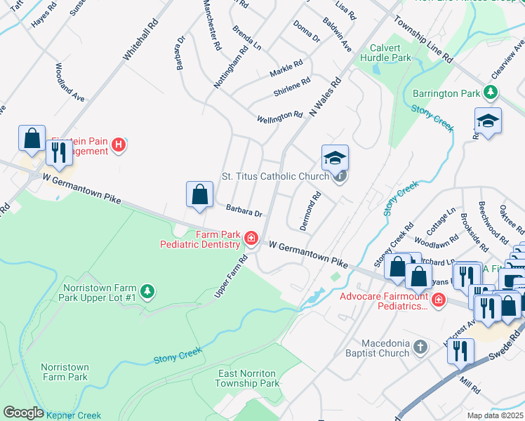 map of restaurants, bars, coffee shops, grocery stores, and more near 2913 North Wales Road in Eagleville
