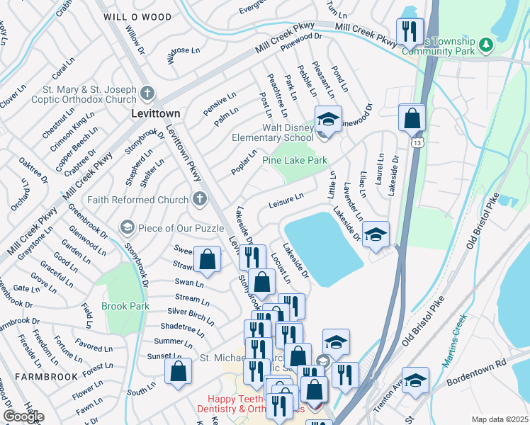 map of restaurants, bars, coffee shops, grocery stores, and more near 14 Leisure Lane in Levittown