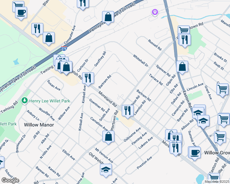 map of restaurants, bars, coffee shops, grocery stores, and more near 22 Fitzwatertown Road in Willow Grove