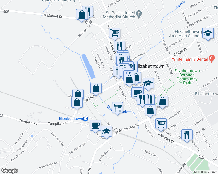 map of restaurants, bars, coffee shops, grocery stores, and more near 147 West High Street in Elizabethtown