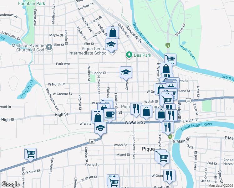 map of restaurants, bars, coffee shops, grocery stores, and more near 615 West Greene Street in Piqua
