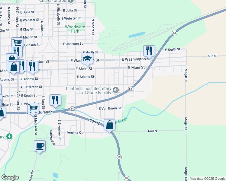 map of restaurants, bars, coffee shops, grocery stores, and more near 1205 East South Street in Clinton