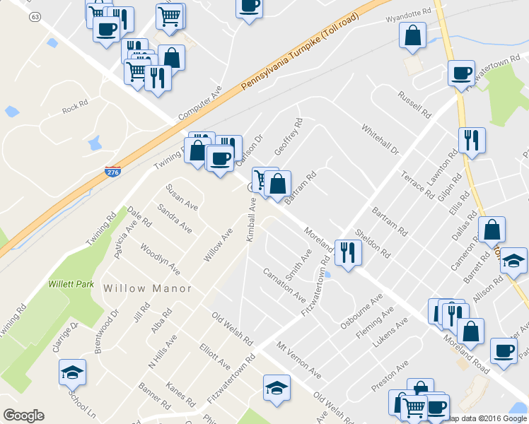 map of restaurants, bars, coffee shops, grocery stores, and more near 2985 Sunnycrest Road in Willow Grove