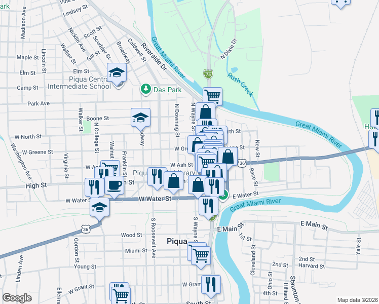 map of restaurants, bars, coffee shops, grocery stores, and more near 211 West Greene Street in Piqua