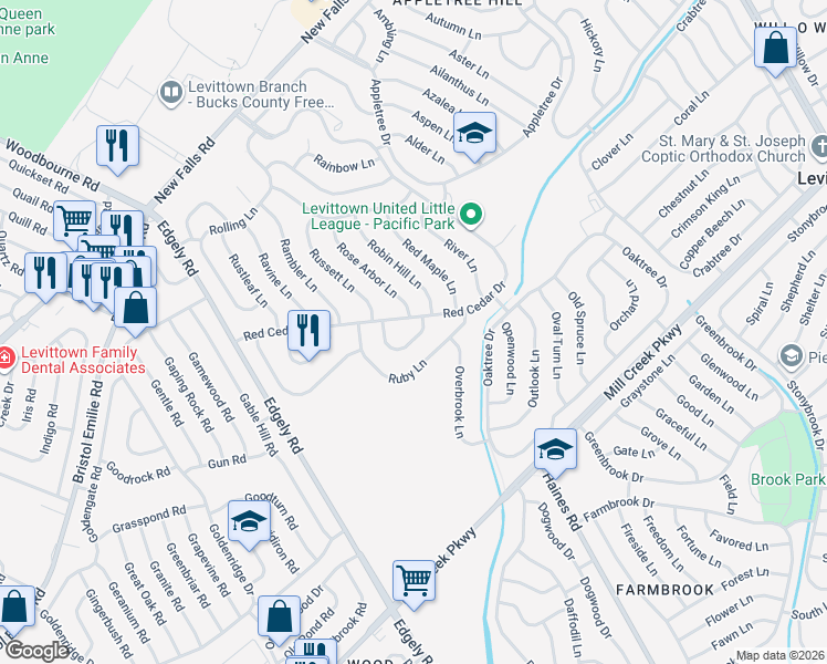 map of restaurants, bars, coffee shops, grocery stores, and more near 29 Ring Lane in Levittown