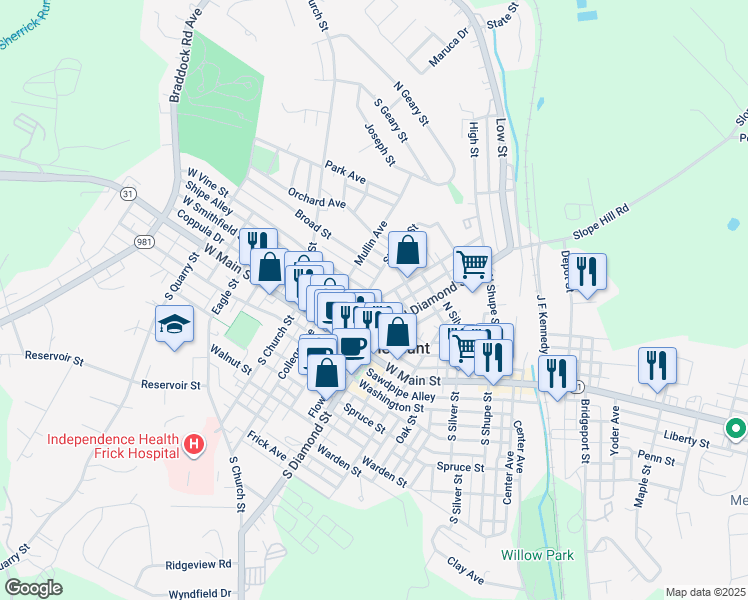 map of restaurants, bars, coffee shops, grocery stores, and more near 67 West Vine Street in Mount Pleasant