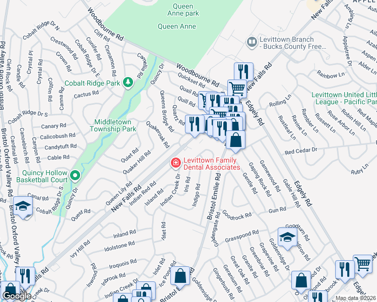map of restaurants, bars, coffee shops, grocery stores, and more near 6524 New Falls Road in Levittown