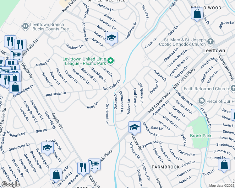 map of restaurants, bars, coffee shops, grocery stores, and more near 225 Oaktree Drive in Levittown