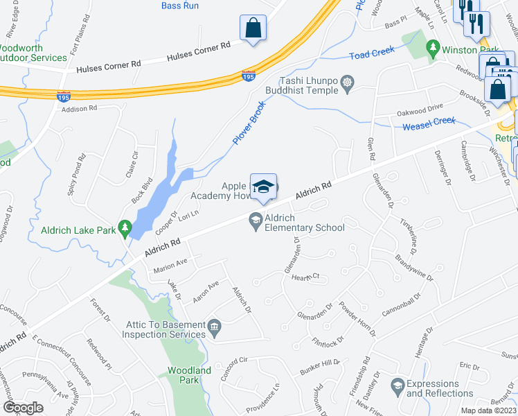 map of restaurants, bars, coffee shops, grocery stores, and more near 612 Aldrich Road in Howell