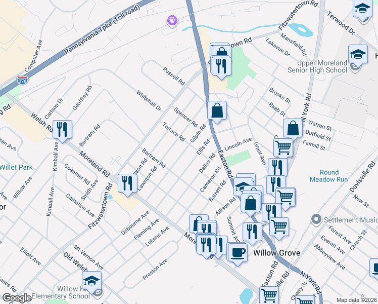 map of restaurants, bars, coffee shops, grocery stores, and more near 248 Ellis Road in Willow Grove