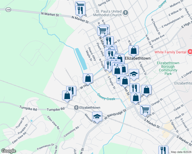 map of restaurants, bars, coffee shops, grocery stores, and more near 209 West High Street in Elizabethtown