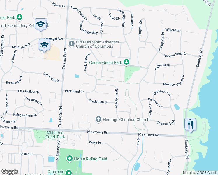map of restaurants, bars, coffee shops, grocery stores, and more near 6650 Springview Drive in Westerville