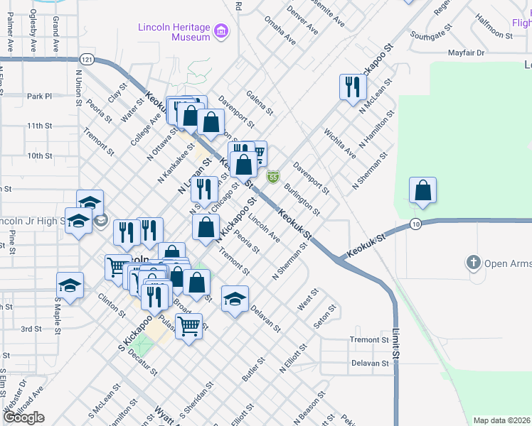 map of restaurants, bars, coffee shops, grocery stores, and more near 617 North McLean Street in Lincoln