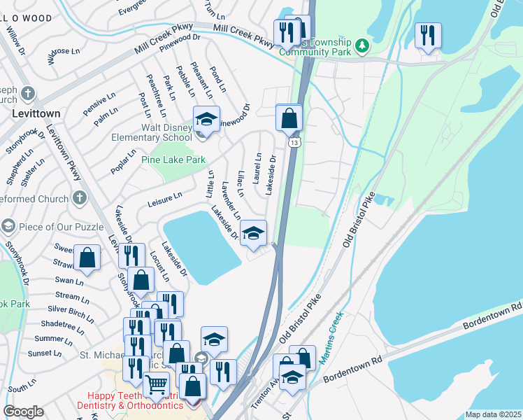map of restaurants, bars, coffee shops, grocery stores, and more near 2 Lilac Lane in Levittown