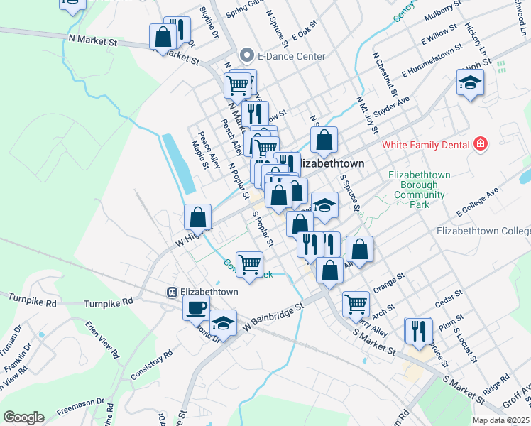 map of restaurants, bars, coffee shops, grocery stores, and more near 30 West High Street in Elizabethtown