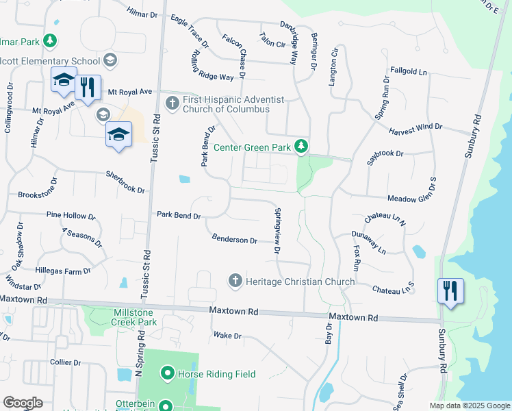 map of restaurants, bars, coffee shops, grocery stores, and more near 6650 Springview Drive in Westerville