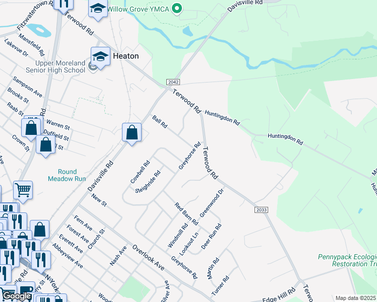 map of restaurants, bars, coffee shops, grocery stores, and more near 132 Greyhorse Road in Willow Grove