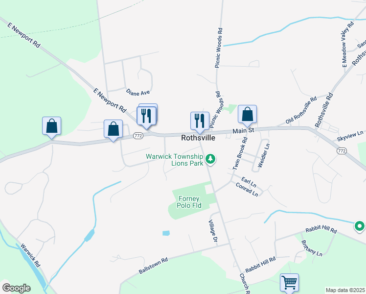 map of restaurants, bars, coffee shops, grocery stores, and more near 10 School House Lane in Lititz
