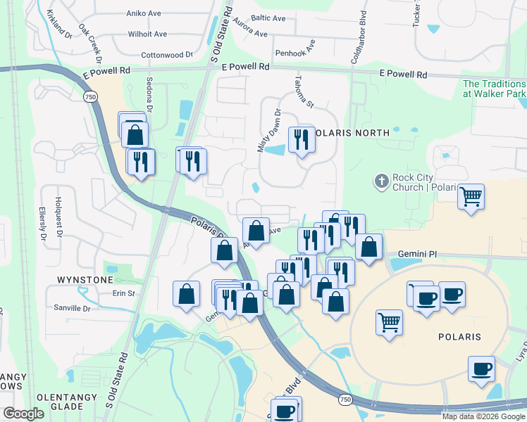 map of restaurants, bars, coffee shops, grocery stores, and more near 8938 Antares Park Drive in Columbus