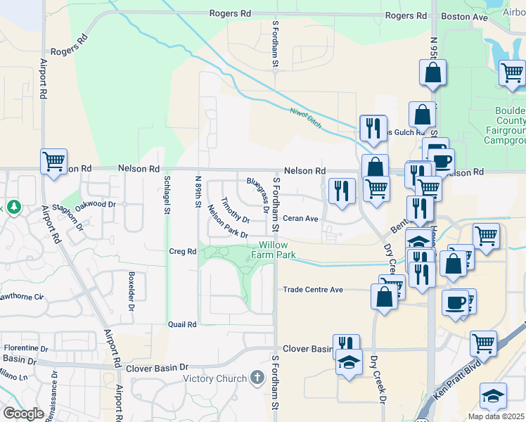 map of restaurants, bars, coffee shops, grocery stores, and more near 813 Nelson Park Lane in Longmont