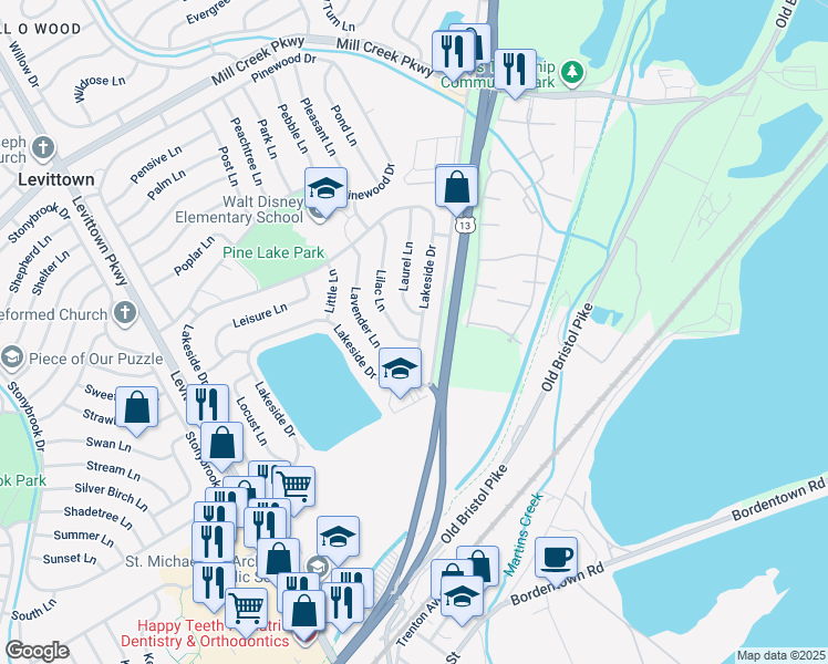 map of restaurants, bars, coffee shops, grocery stores, and more near 2 Lilac Lane in Levittown