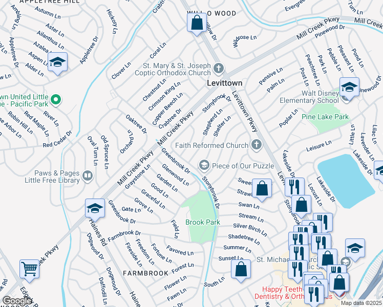map of restaurants, bars, coffee shops, grocery stores, and more near 7 Shepherd Lane in Levittown